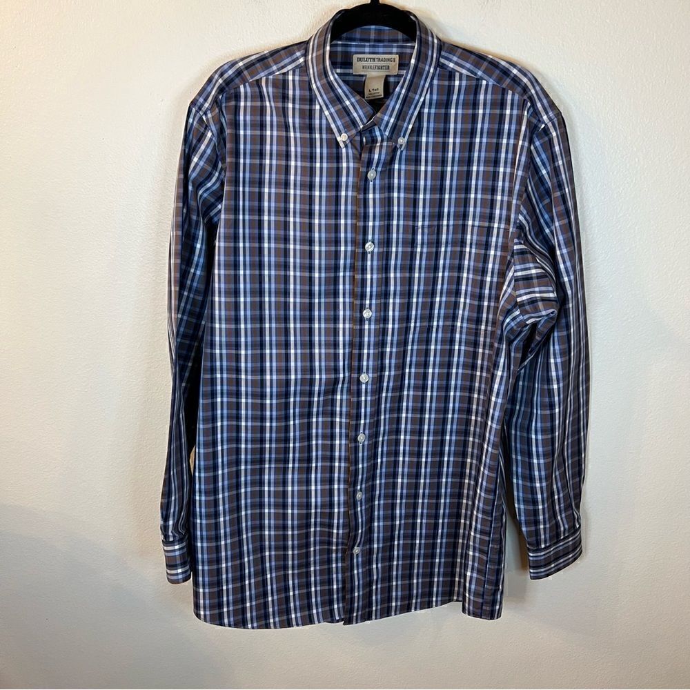 Duluth Trading Co Wrinkle Fighter Shirt Long Sleeve Blue Plaid Size Large Tall